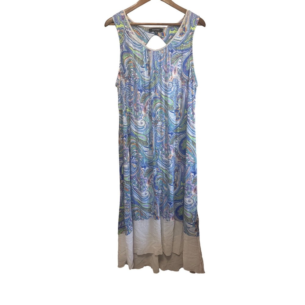 Ellen Tracy Maxi Dress Womens XL Blue Paisley High Low Sleeveless Excellent Boho